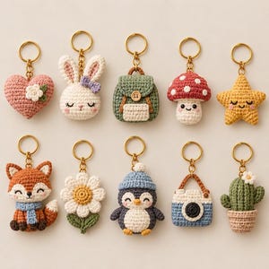 Crochet Keychain Patterns Bundle, 10 Cute Amigurumi Keychains, Bunny Fox Penguin Mushroom Flower Star, DIY Crochet PDF Pattern Gift