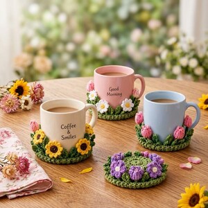 Könnte beinhalten: Drei Keramiktassen in Creme, Rosa und Hellblau, jede mit einem gehäkelten Überzug mit Blumenmotiven. Die cremefarbene Tasse trägt die Aufschrift "Coffee & Smiles", die rosa Tasse "Good Morning". Ein runder, gehäkelter Blumenuntersetzer liegt bei.