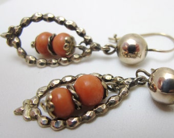 Vintage Coral and 10-14kt Gold Mexican Earrings