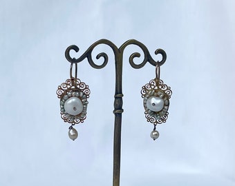 Mid 19th Century Vintage Mexican Pearl and 10k Gold Dangles