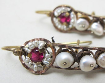 Antique Gold, Pearl and Glass Mexican Gusano Earrings