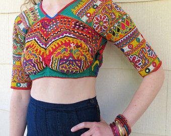 Vintage Vibrant Embroidered Indian Choli Tie-back Crop Top, Approx. Size 0/2