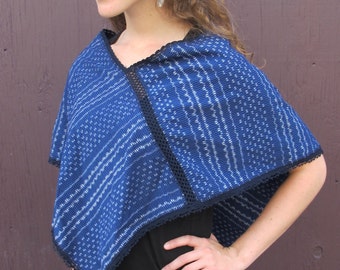 Quechquemitl Poncho in Indigo Ikat with Hand Crocheted Fagotted Seams