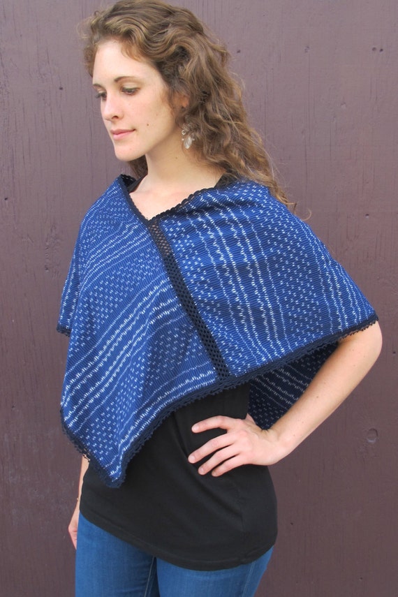 Quechquemitl Poncho in Indigo Ikat with Hand Croch