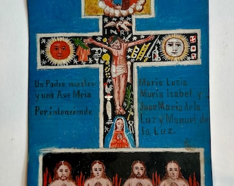 Padre Nuestro and Ave Maria and Souls in El Purgatorio Antique Mexivan Tin Retablo