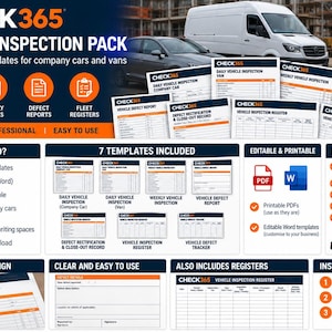 May include: A digital vehicle inspection pack featuring seven professional templates for cars and vans. The set includes PDF and Word files with checklists for daily and weekly checks, defect reports, and fleet registers, all with orange and black branding.
