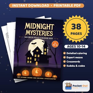 May include: A printable PDF colouring and puzzle book titled Midnight Mysteries Halloween Puzzle & Colouring Book. The cover features a haunted house, a full moon, bats, and pumpkins. It contains 38 pages for ages 10-14, including mazes, crosswords, and Sudoku.