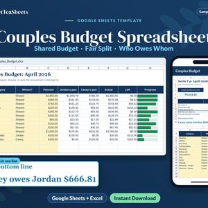 Könnte beinhalten: Eine digitale Haushaltsbudget-Vorlage für Paare für Google Sheets und Excel. Die Benutzeroberfläche zeigt Finanzkategorien, geplante und tatsächliche Ausgaben sowie Fortschrittsbalken. Eine mobile Ansicht zeigt den Text: Casey owes Jordan $666.81.