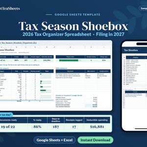 Puede incluir: Una plantilla digital de Google Sheets titulada Tax Season Shoebox 2026 Tax Organizer Spreadsheet para declarar en 2027. La pantalla muestra una interfaz de hoja de cálculo con categorías fiscales y seguimiento.