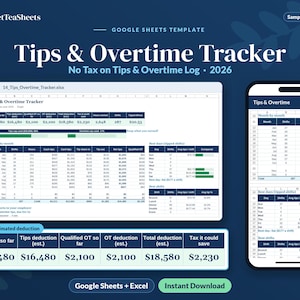May include: A digital Google Sheets template for tracking tips and overtime, featuring a dark blue background with white text. The layout displays a spreadsheet interface with columns for monthly shifts, hours, and earnings, alongside a mobile view.