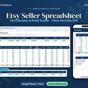 May include: A digital Google Sheets template for Etsy sellers, featuring a comprehensive bookkeeping spreadsheet with a monthly summary, fee calculator, and profit tracker. The interface displays columns for orders, gross sales, fees, and net profit.