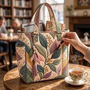 May include: A quilted tote bag featuring a botanical print of leaves and berries in muted green, purple, and yellow tones. The bag has two handles, side pockets, and a decorative tassel charm. It contains a tablet and a small notebook.