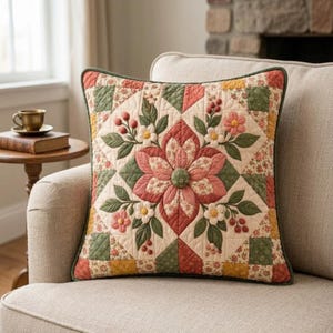 May include: A square throw pillow featuring a quilted patchwork design in cream, sage green, terracotta, and mustard yellow. The center displays a large, dimensional fabric flower with layered petals, surrounded by embroidered leaves and berries.