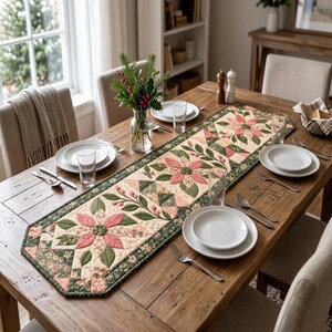 Modern Patchwork Bloom quilted table runner PDF pattern with dusty pink floral blocks, sage green leaves, cream fabric, geometric patchwork accents, and dark green floral borders. Three large flower motifs and leafy branches create an elegant botanical design for dining tables. Finished size 16 x 54 inches (40.6 x 137.2 cm).