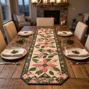 Modern Patchwork Bloom quilted table runner PDF pattern with dusty pink floral blocks, sage green leaves, cream fabric, geometric patchwork accents, and dark green floral borders. Three large flower motifs and leafy branches create an elegant botanical design for dining tables. Finished size 16 x 54 inches (40.6 x 137.2 cm).