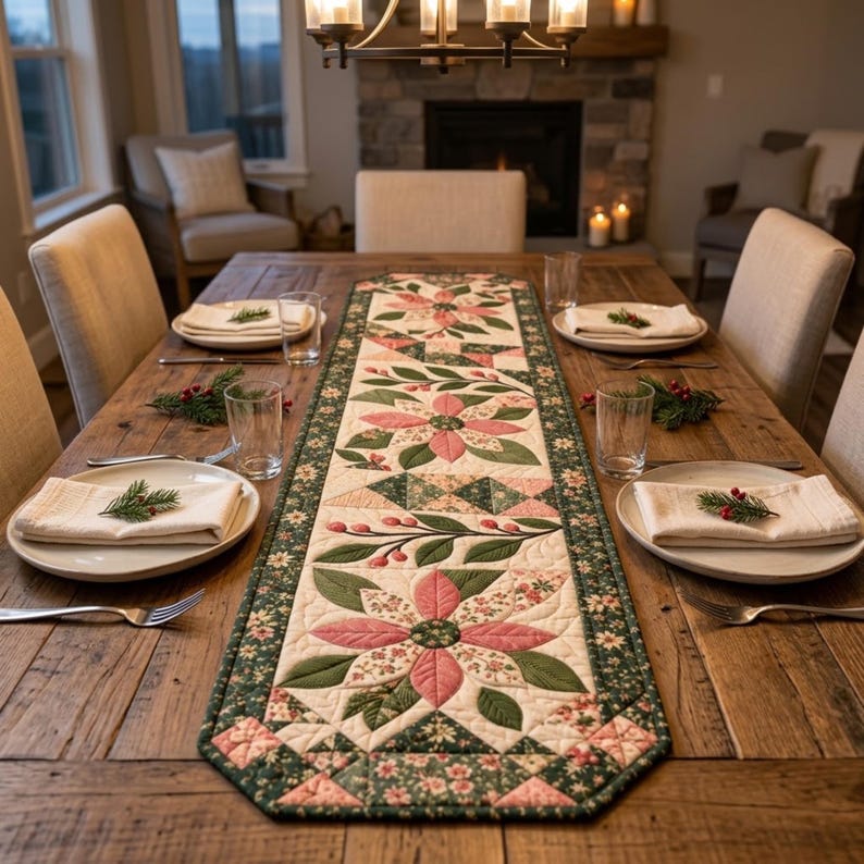 Modern Patchwork Bloom quilted table runner PDF pattern with dusty pink floral blocks, sage green leaves, cream fabric, geometric patchwork accents, and dark green floral borders. Three large flower motifs and leafy branches create an elegant botanical design for dining tables. Finished size 16 x 54 inches (40.6 x 137.2 cm).
