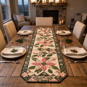 Modern Patchwork Bloom quilted table runner PDF pattern with dusty pink floral blocks, sage green leaves, cream fabric, geometric patchwork accents, and dark green floral borders. Three large flower motifs and leafy branches create an elegant botanical design for dining tables. Finished size 16 x 54 inches (40.6 x 137.2 cm).