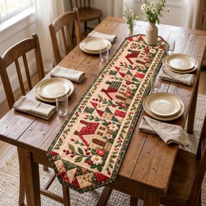 Könnte beinhalten: Ein rechteckiger, gesteppter Tischläufer mit einem sich wiederholenden Muster aus kleinen Häusern, rot-grünen geometrischen Quiltblöcken und floralen Motiven mit weißen Gänseblümchen und roten Beeren auf cremefarbenem Grund.