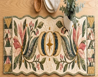 May include: A rectangular quilted table runner featuring a central pumpkin motif with a star design, surrounded by floral and berry patterns in shades of cream, sage green, dusty pink, and navy blue, finished with a scalloped edge border.
