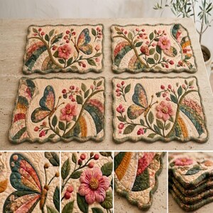 Puede incluir: Un juego de cuatro manteles individuales rectangulares acolchados con fondo crema, flores rosas bordadas, hojas verdes y mariposas coloridas. Cada mantel tiene un borde festoneado y un diseño de arcoíris.