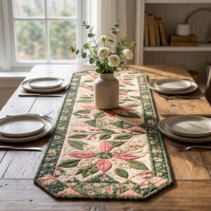 Modern Patchwork Bloom quilted table runner PDF pattern with dusty pink floral blocks, sage green leaves, cream fabric, geometric patchwork accents, and dark green floral borders. Three large flower motifs and leafy branches create an elegant botanical design for dining tables. Finished size 16 x 54 inches (40.6 x 137.2 cm).