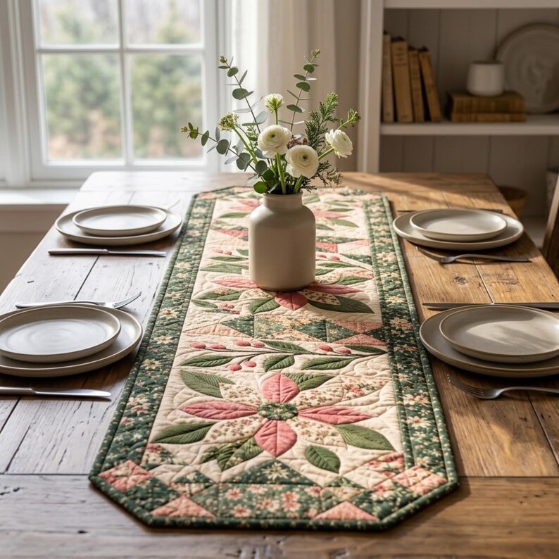 Modern Patchwork Bloom quilted table runner PDF pattern with dusty pink floral blocks, sage green leaves, cream fabric, geometric patchwork accents, and dark green floral borders. Three large flower motifs and leafy branches create an elegant botanical design for dining tables. Finished size 16 x 54 inches (40.6 x 137.2 cm).