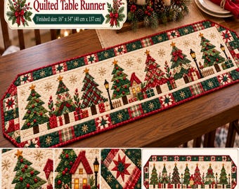 May include: A quilted table runner featuring a Christmas Tree Lane pattern with green trees, red presents, and street lamps on a cream background. The runner has a red and green patchwork border and measures 16 inches by 54 inches.