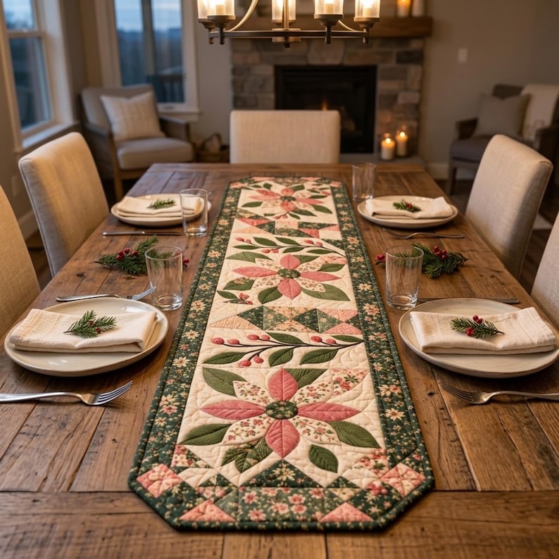 Modern Patchwork Bloom quilted table runner PDF pattern with dusty pink floral blocks, sage green leaves, cream fabric, geometric patchwork accents, and dark green floral borders. Three large flower motifs and leafy branches create an elegant botanical design for dining tables. Finished size 16 x 54 inches (40.6 x 137.2 cm).