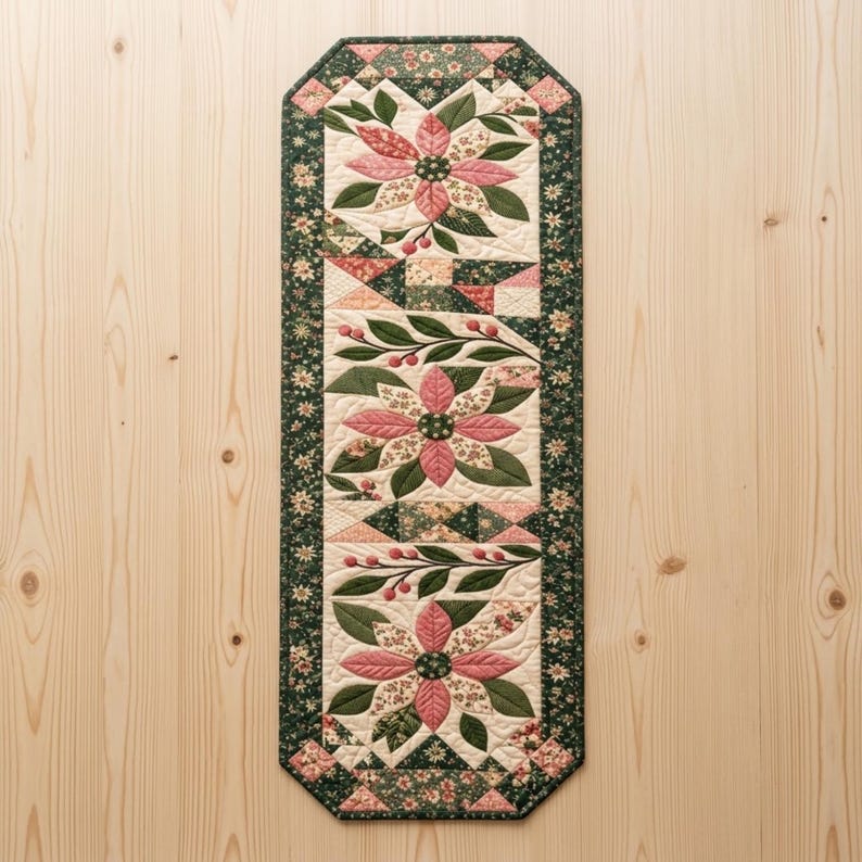 Modern Patchwork Bloom quilted table runner PDF pattern with dusty pink floral blocks, sage green leaves, cream fabric, geometric patchwork accents, and dark green floral borders. Three large flower motifs and leafy branches create an elegant botanical design for dining tables. Finished size 16 x 54 inches (40.6 x 137.2 cm).
