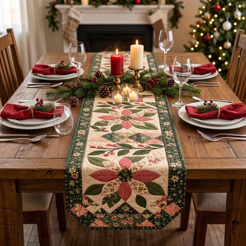 Modern Patchwork Bloom quilted table runner PDF pattern with dusty pink floral blocks, sage green leaves, cream fabric, geometric patchwork accents, and dark green floral borders. Three large flower motifs and leafy branches create an elegant botanical design for dining tables. Finished size 16 x 54 inches (40.6 x 137.2 cm).