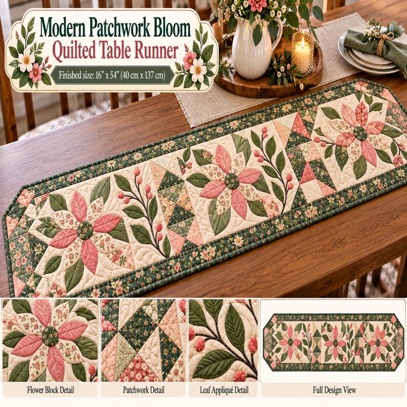 Modern Patchwork Bloom quilted table runner PDF pattern with dusty pink floral blocks, sage green leaves, cream fabric, geometric patchwork accents, and dark green floral borders. Three large flower motifs and leafy branches create an elegant botanical design for dining tables. Finished size 16 x 54 inches (40.6 x 137.2 cm).