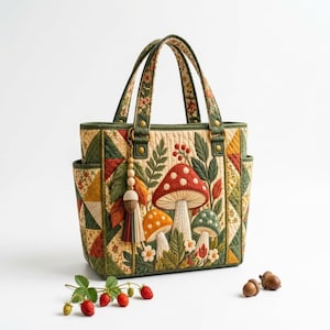 May include: A quilted tote bag featuring a central mushroom motif with red, orange, and green caps, surrounded by foliage and small flowers. The bag has two handles, side pockets, and a decorative tassel charm with wooden beads.