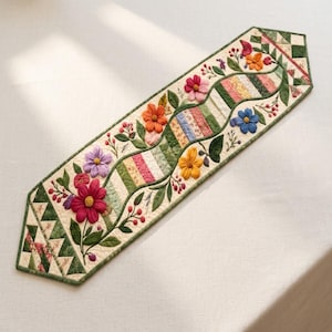Patrón de camino de mesa acolchado Wild Bloom: Patchwork floral con cintas (Descarga en PDF)