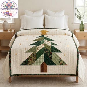 Christmas Tree Quilt Pattern, 60x60 Inch Holiday Patchwork, Golden Star Applique, Digital PDF Sewing Guide