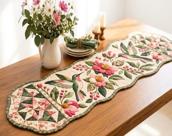 May include: A quilted table runner featuring a scalloped edge, decorated with embroidered hummingbirds, pink and white flowers, and green leaves. The runner includes a geometric star pattern at the end and a cream-colored background.