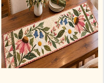 May include: A rectangular quilted table runner featuring a floral pattern with pink coneflowers, white daisies, and blue bell-shaped flowers on a cream background, finished with geometric borders. The text states a finished size of 40.64 cm by 121.92 cm.
