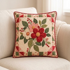May include: A square throw pillow featuring a central quilted floral design with red, pink, and white flowers, green leaves, and small red berries on a cream background, framed by a border of small floral patterns and red triangles.