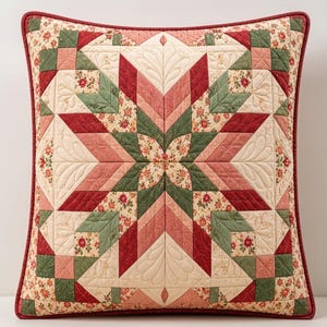 May include: A square throw pillow featuring a central star pattern composed of quilted fabric in shades of red, sage green, and cream. The design includes floral print panels, intricate feather-like stitching, and a solid red piped border.
