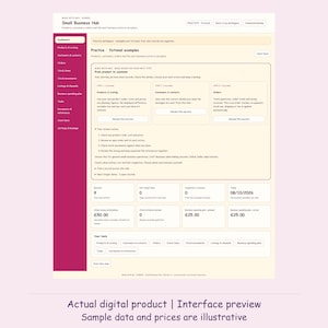 Puede incluir: Una interfaz digital para un panel de control Small Business Hub con una barra lateral rosa oscuro con enlaces de navegación y un área principal color crema que muestra registros, rastreadores de pedidos y botones de herramientas.