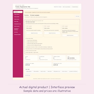 Peut inclure: Une interface numérique intitulée Family Organisation Hub avec une barre latérale de navigation pour les membres, le calendrier, les routines et les tâches. Le tableau de bord affiche des sections pour les exemples, les dossiers et la planification.