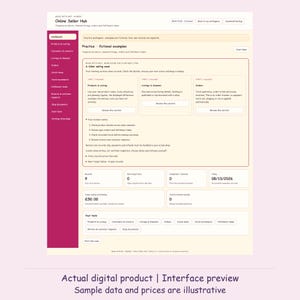 Op de afbeelding: Een digitaal dashboard-interface genaamd Online Seller Hub met een magenta zijbalk en een crèmekleurige achtergrond. Het toont secties voor producten, aanbiedingen, bestellingen en voorraad, inclusief tabellen met numerieke gegevens.