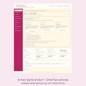 May include: A digital dashboard interface titled Craft Business Hub with a magenta sidebar menu. The screen displays sections for products, stock, orders, and workshop spending, featuring tables with numerical data and currency in pounds.