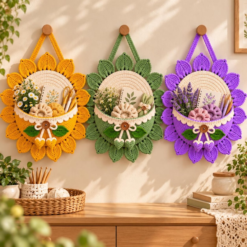 Crochet Flower Wall Pocket Pattern PDF, Sunflower Hanging Organizer ...