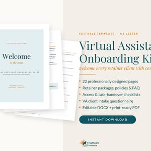 May include: A Virtual Assistant Onboarding Kit template in US Letter size. The document features a light blue cover with the text Welcome to the team and Virtual Assistant Onboarding Guide. It includes 22 pages, checklists, and an intake questionnaire.