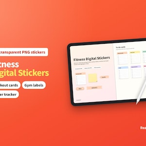 Pode incluir: Um tablet exibindo um planejador digital com adesivos de fitness, incluindo cartões de treino, etiquetas de academia e um rastreador de água. A tela mostra o texto Fitness Digital Stickers, 57 transparent PNG stickers e ReadyNote.