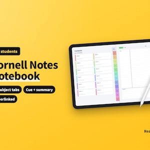 May include: A digital Cornell Notes notebook displayed on a tablet screen with a white stylus. The interface features 12 coloured subject tabs, a contents page, and a cue and summary layout. Text on the yellow background reads For students, Cornell Notes Notebook, 12 subject tabs, Cue + summary, Hyperlinked, and ReadyNote.