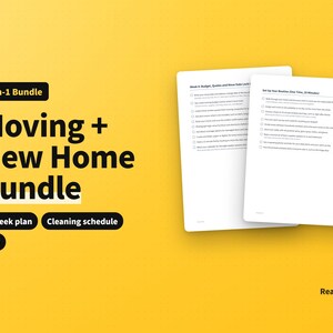 Op de afbeelding: Een 2-in-1 bundel digitaal documentenset met een Verhuis + Nieuw Huis pakket, een 8-weken plan en een schoonmaakschema. De gele achtergrond toont zwarte tekst en twee witte pagina's met checklists, met de merknaam ReadyNote.