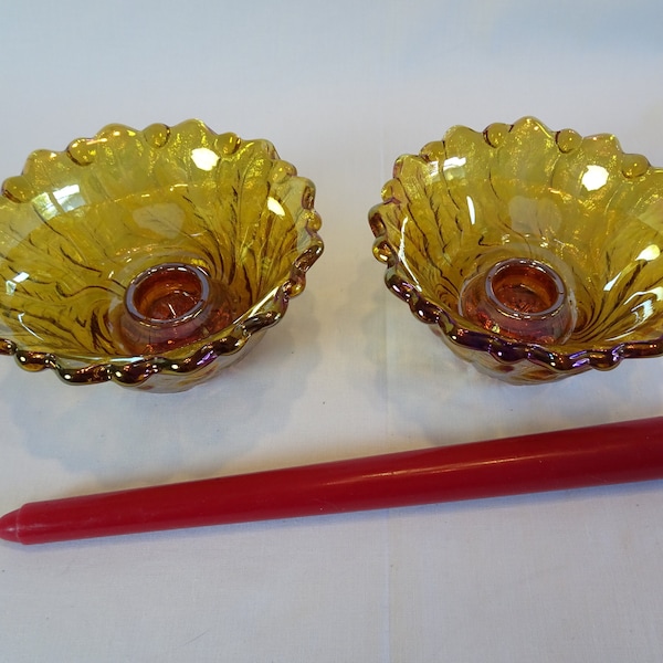 Indiana Glass Wild Rose Candlestick Holder Set, Vintage Harvest Gold Amber Iridescent Floral Taper Candle Display