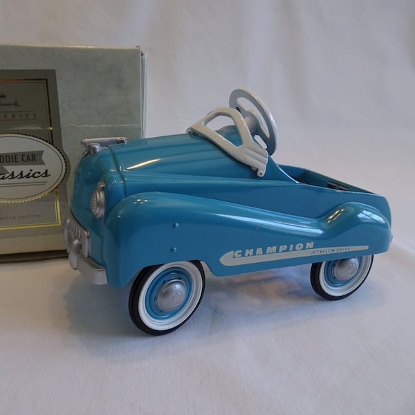 Hallmark Kiddie gegoten Murray Champion Car, vintage turquoise blauwe metalen kinderpedaalvoertuig reproductie