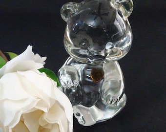 Fenton Art Glass December Birthstone Bear Figure, Blue Ziron Heart